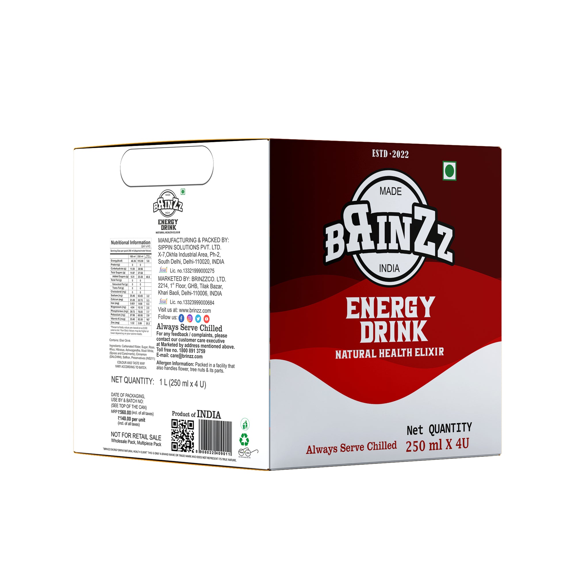 Brinzz Energy Drink Natural Health Elixir 1 Litre (Pack of 4)